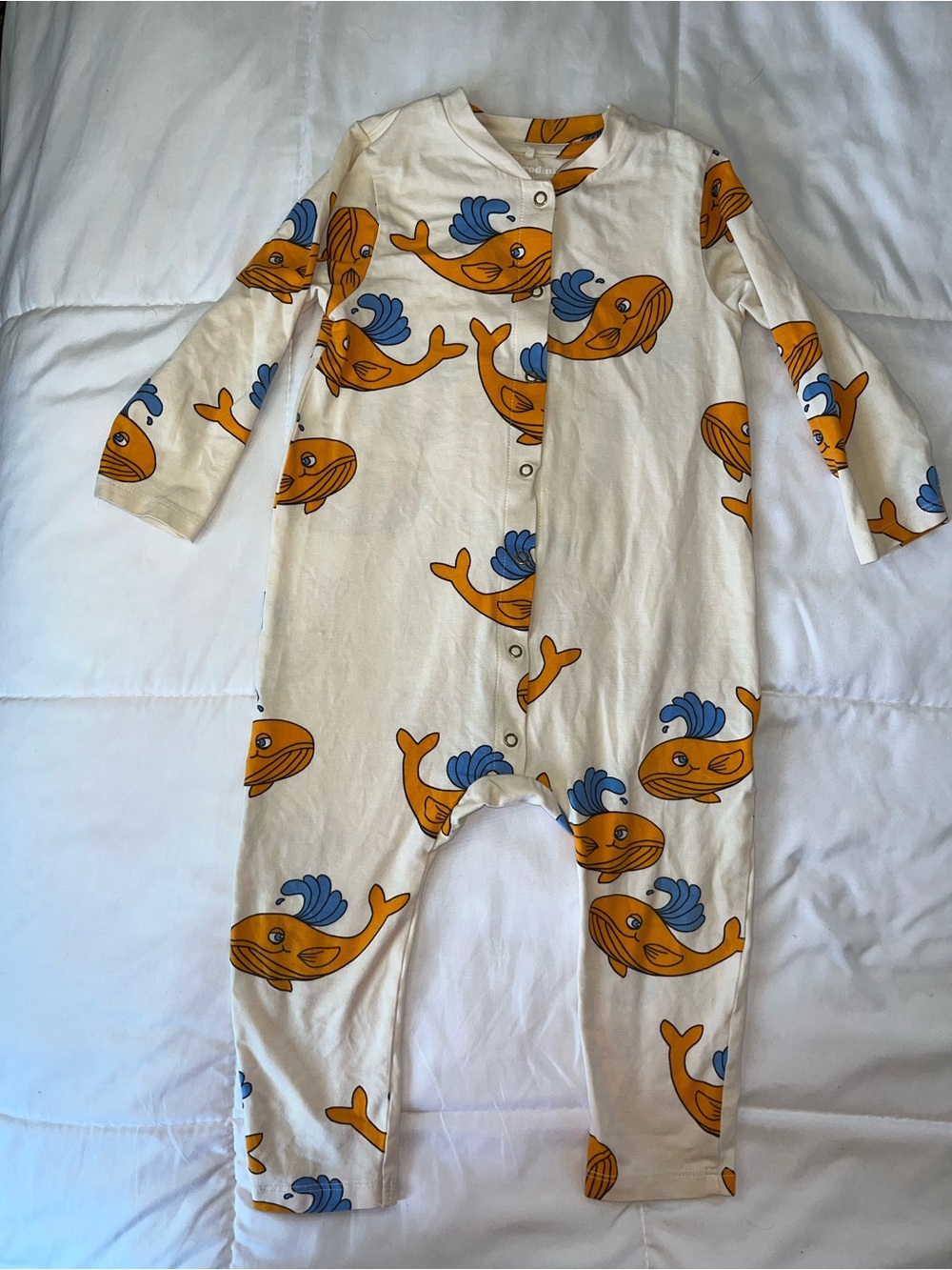 Mini Rodini Cream One-Piece with Orange and Blue Whale Print